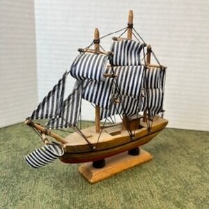Vintage Wooden Model Sailboat Blue White Striped Sails Nautical Decor